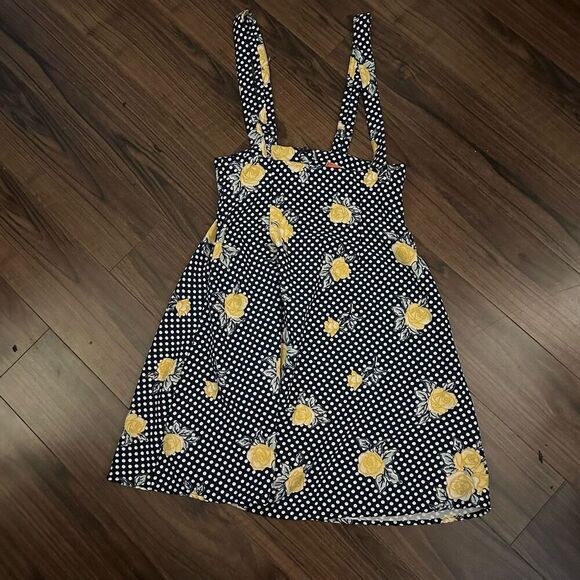 ModCloth navy polka dot yellow floral skirt overall dress xs - Picture 1 of 11